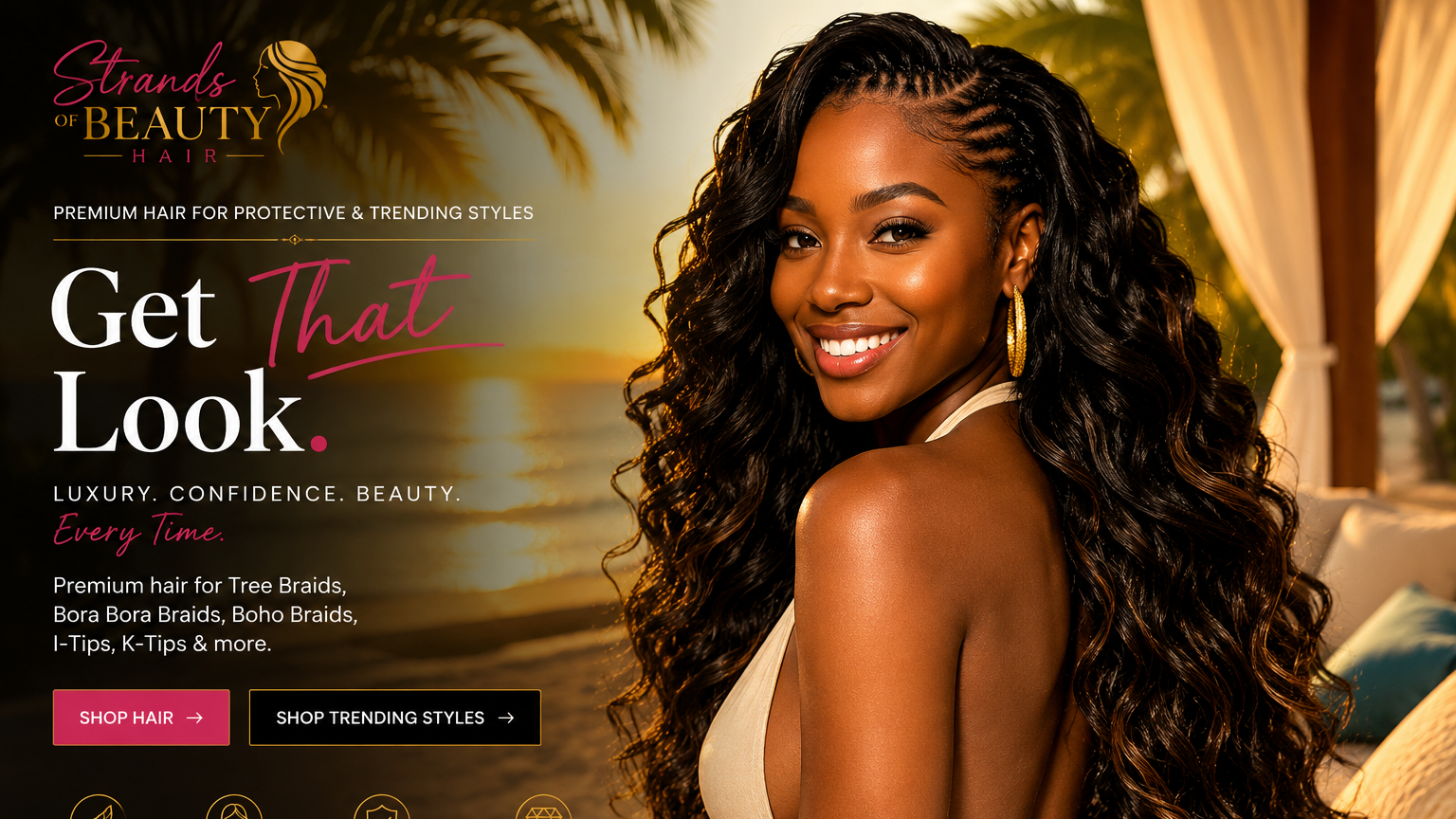 Woman with styled hair in a tropical setting, featuring 'Strands of Beauty' branding.